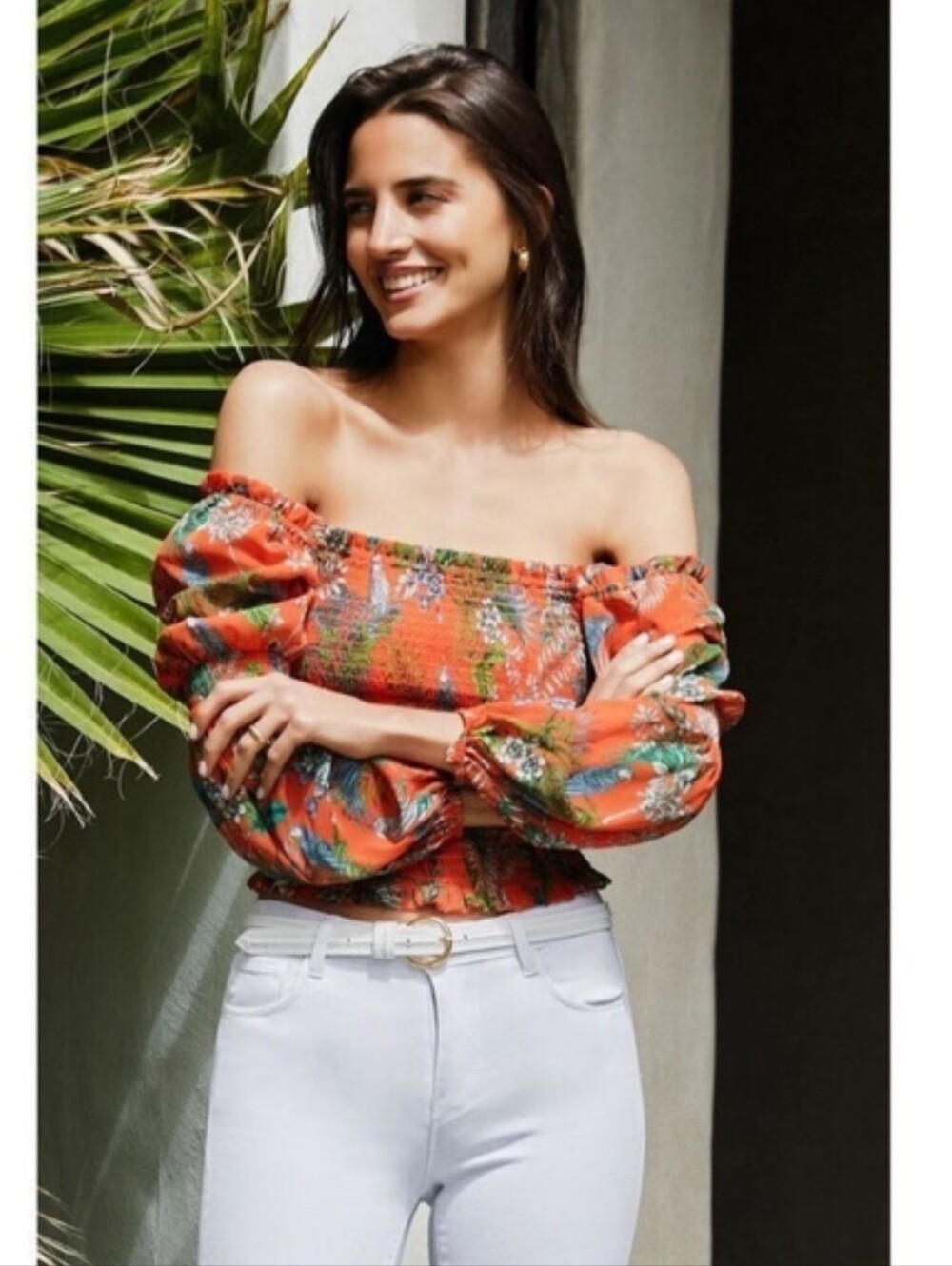 Lagence Cece Top Smocked Orange Off Shoulder Tropical Print XS